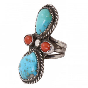 Navajo Turquoise and Coral Sterling Silver Ring Side