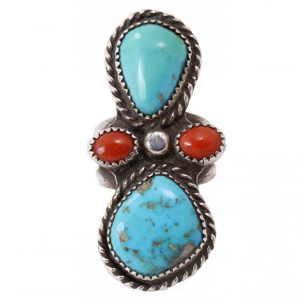 Navajo Turquoise and Coral Sterling Silver Ring Front