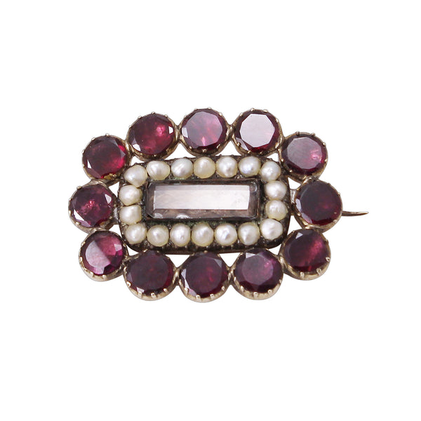 Georgian 14k Yellow Gold, Garnet and Pearl Hair Mourning Pin Front