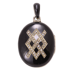 French Silver Black Enamel and Pearl Locket Front