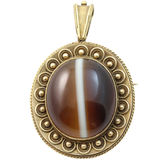 Victorian 14k Gold & Banded Agate Locket Pendant Front