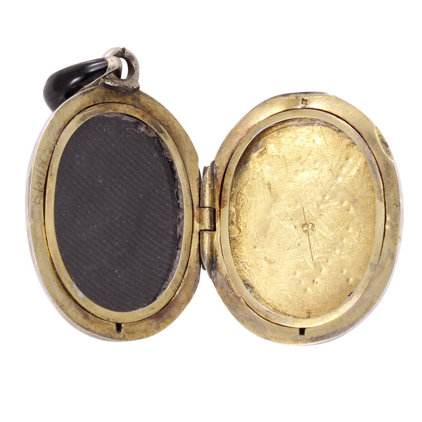 French Silver Black Enamel and Pearl Locket Open