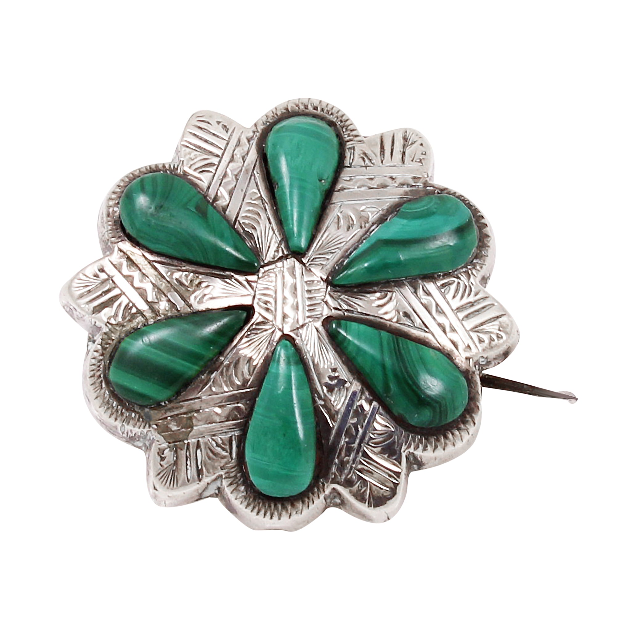 Victorian Scottish Pebble Malachite and Sterling Pin Front