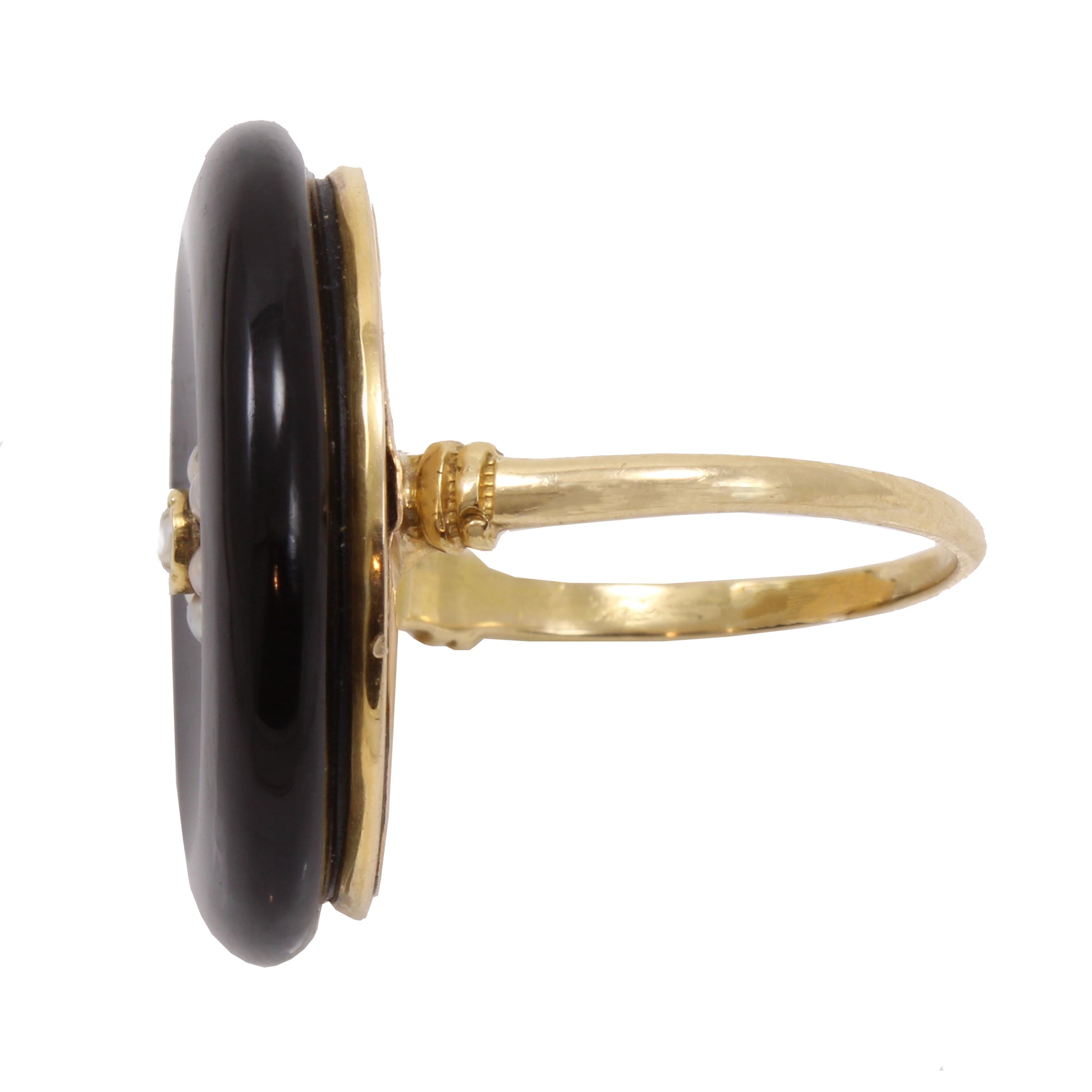 Victorian 14k Gold, Onyx and Seed Pearl Ring Side