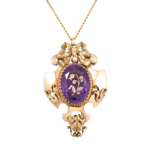 Victorian 14k Gold Rose of Sharon Amethyst and Diamond Pin/Pendant Front