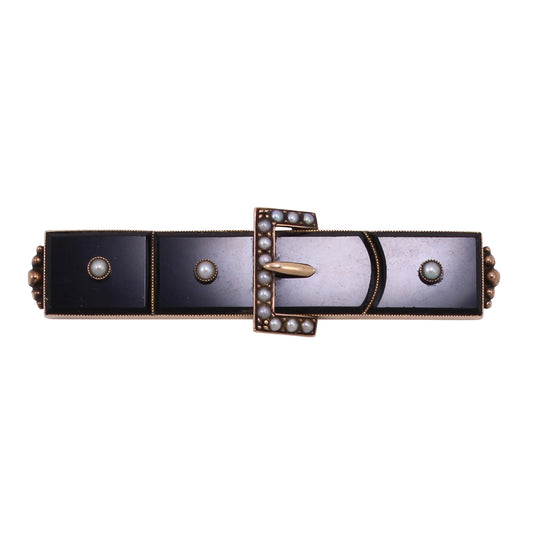 Victorian Onyx and Pearl 14k Buckle Pin/Brooch Front