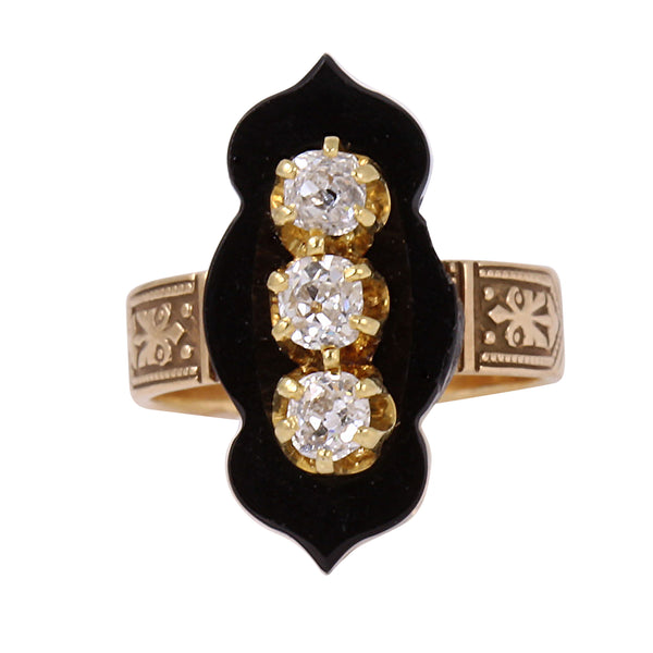 Victorian 14k Rose and Yellow Gold Diamond and Onyx Ring Front