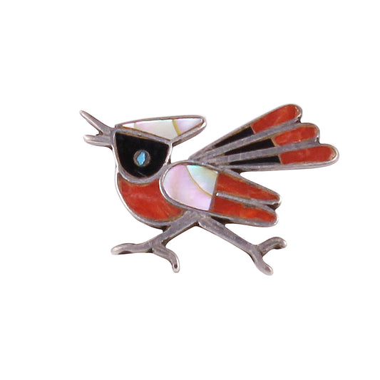 Zuni Stone Inlay Sterling Silver Road Runner Bird Pin