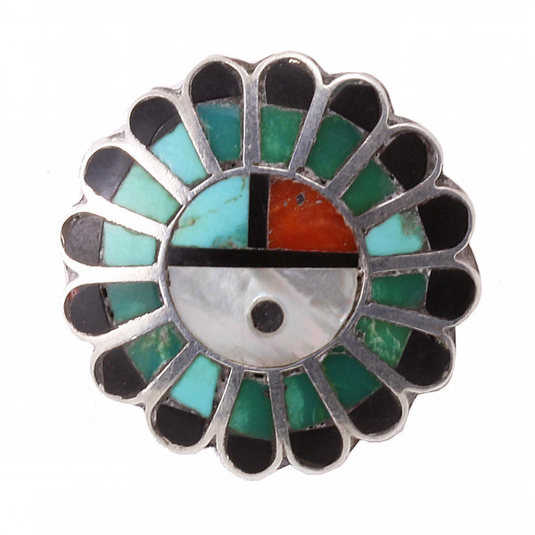 Zuni Stone Inlay Sun Face Sterling Silver Ring Front
