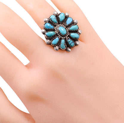 Vintage Zuni Turquoise Sterling Cluster Ring Worn