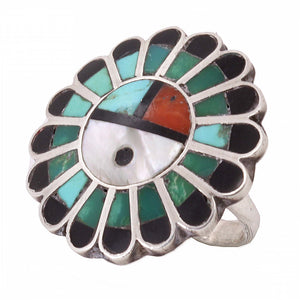 Zuni Stone Inlay Sun Face Sterling Silver Ring Side